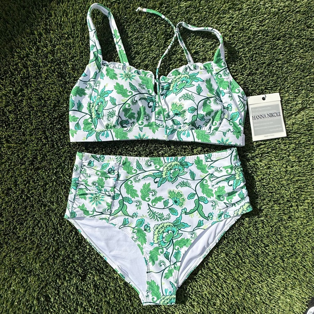 Hanna Nikole Green Floral‎ High Waisted Bikini Set NWT Size L